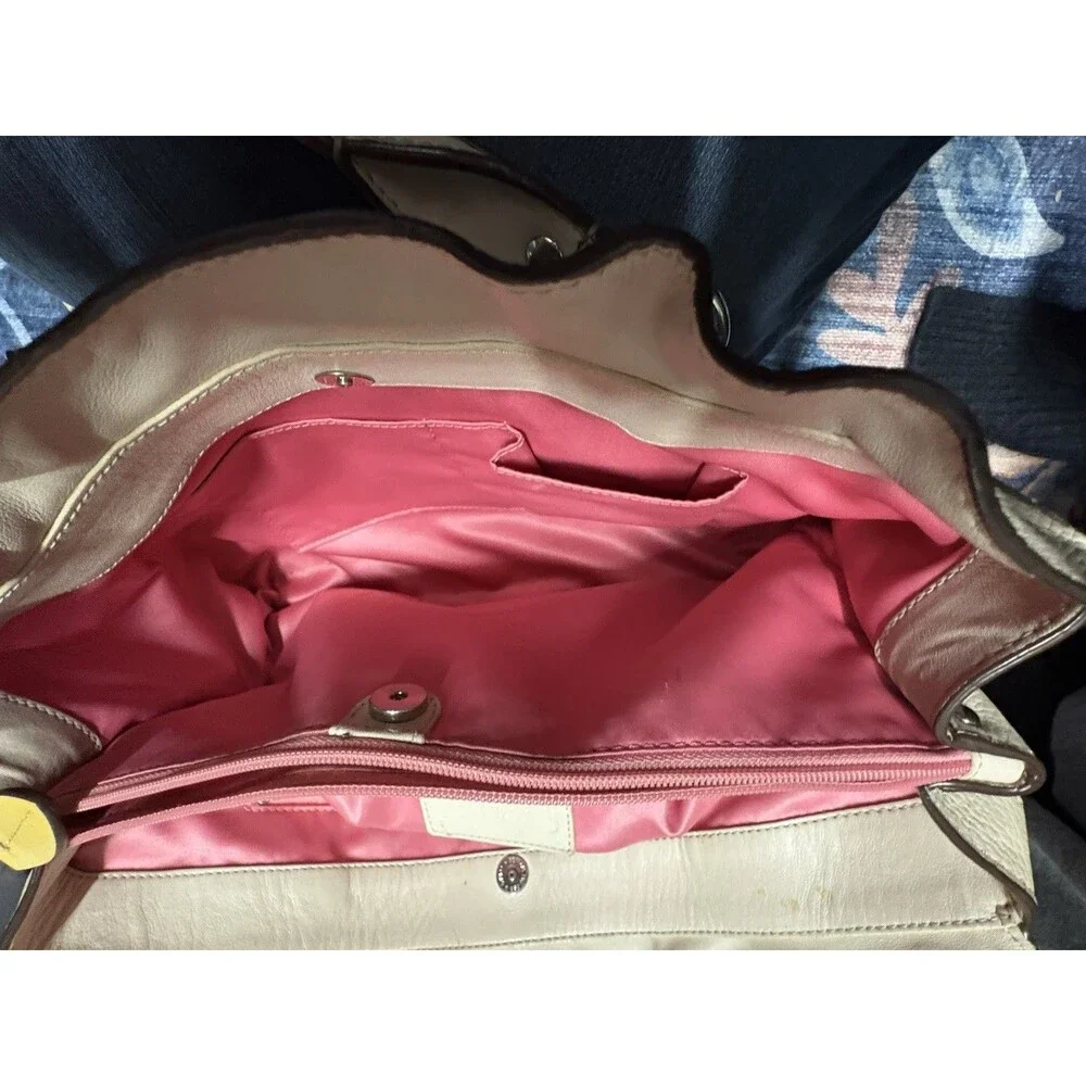 Coach Beige Pebbled Satchel Large Double Handles Silver Hardware Pink Lining
